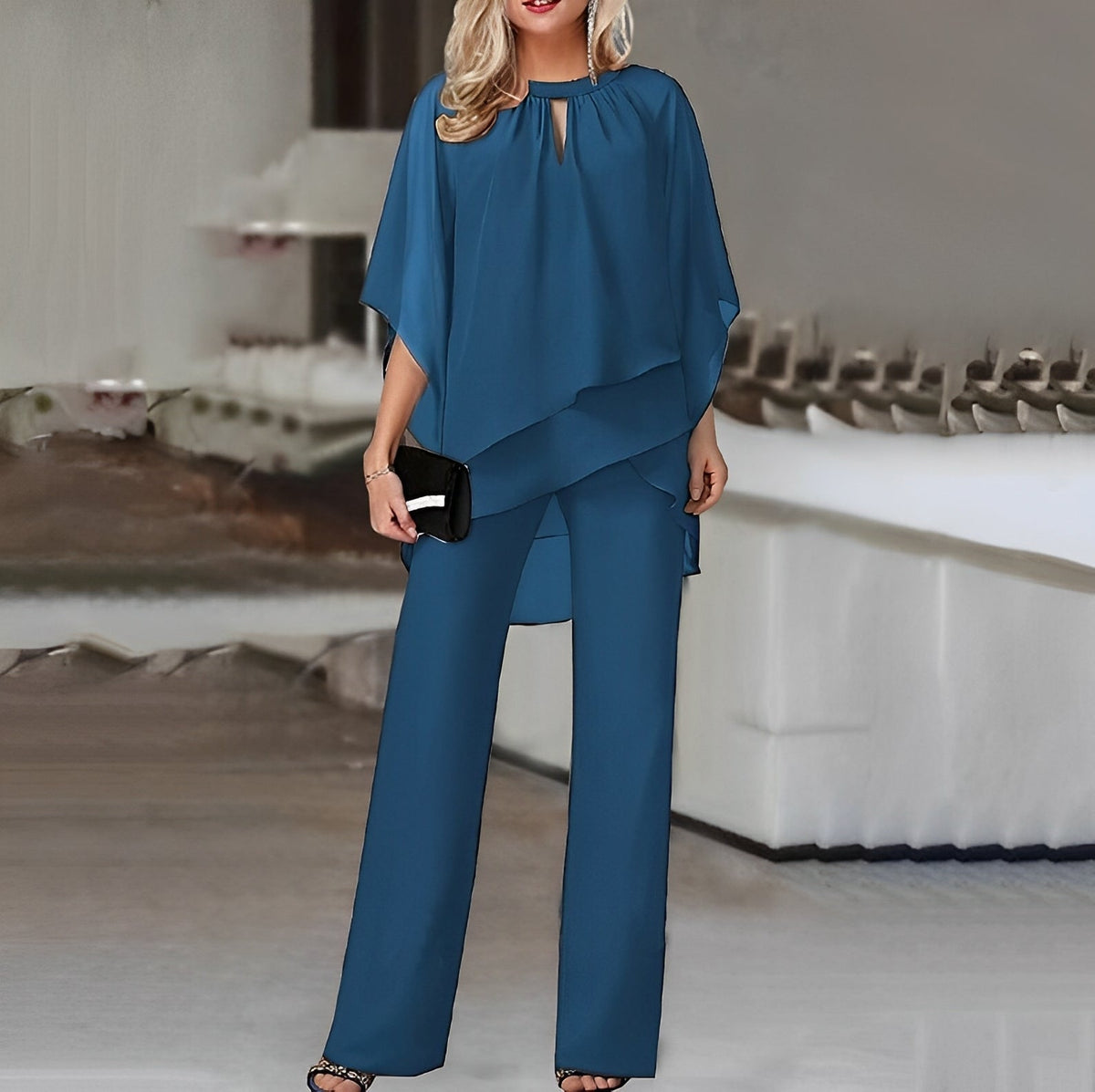Women's Cape Top Wide-Cut Pants Set – Sapphire Blue