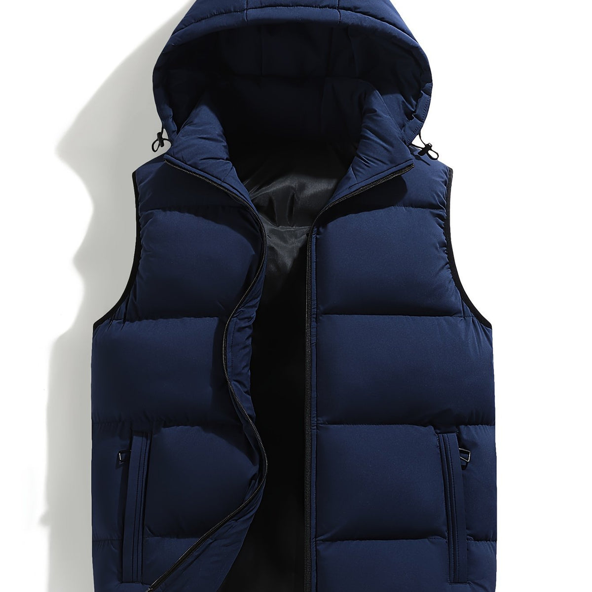 Men's Quilted Hood-Detail Vest with Zip Pockets – Dark Blue