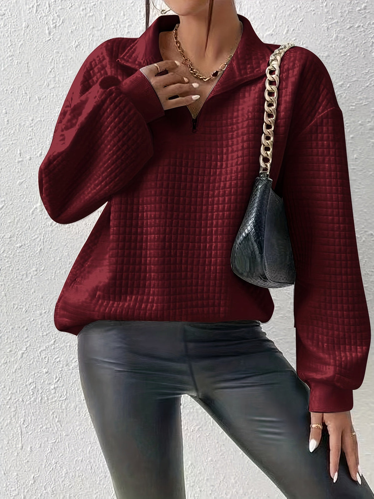 Women's Half-Zip Stand Collar Textured Knit Sweater for Layering – Deep Red