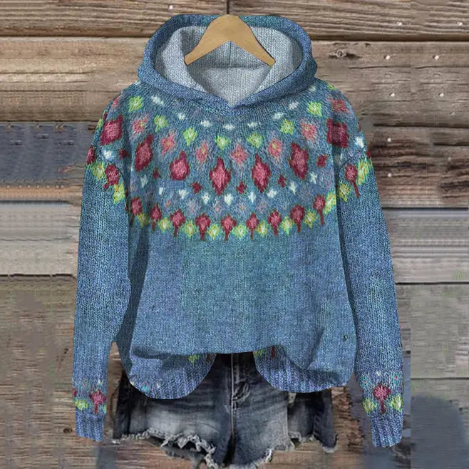 Women's Loose-Fit Fair Isle Hoodie Knit Pullover – Blue