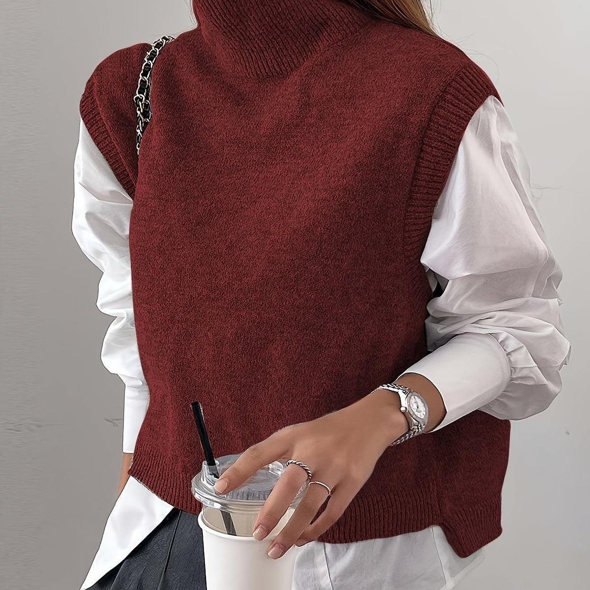 Women's High-Neck Knit Sweater Vest for Weekends – Burgundy
