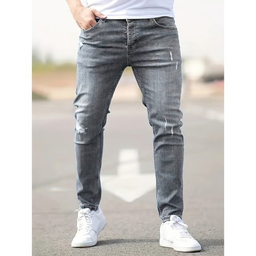 Men's Distressed Slim-Cut Fit Stretchy Denim-Wash Jeans – Gray