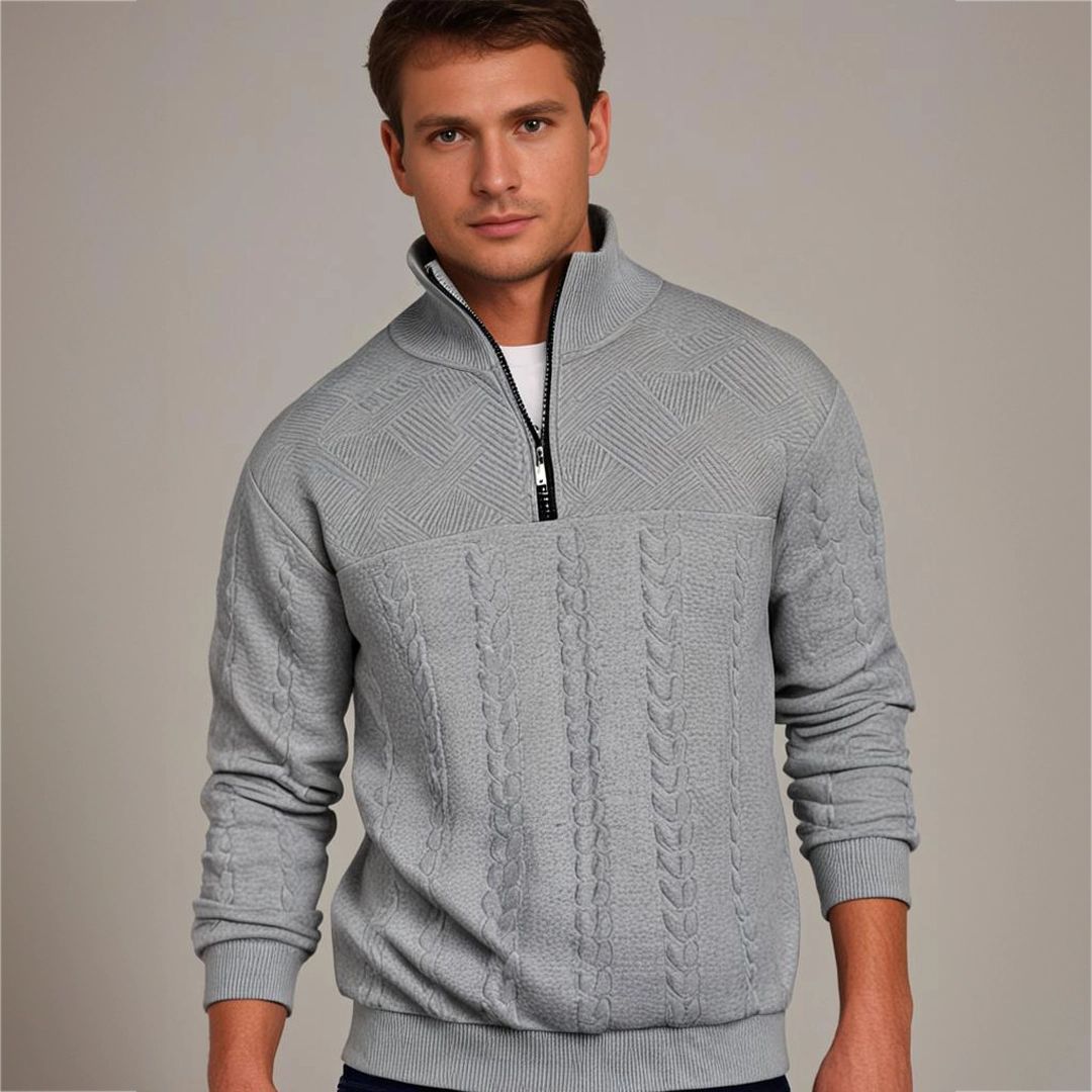 Men's Cable-Stitch Half-Zip Pullover with Textured Yoke – Gray