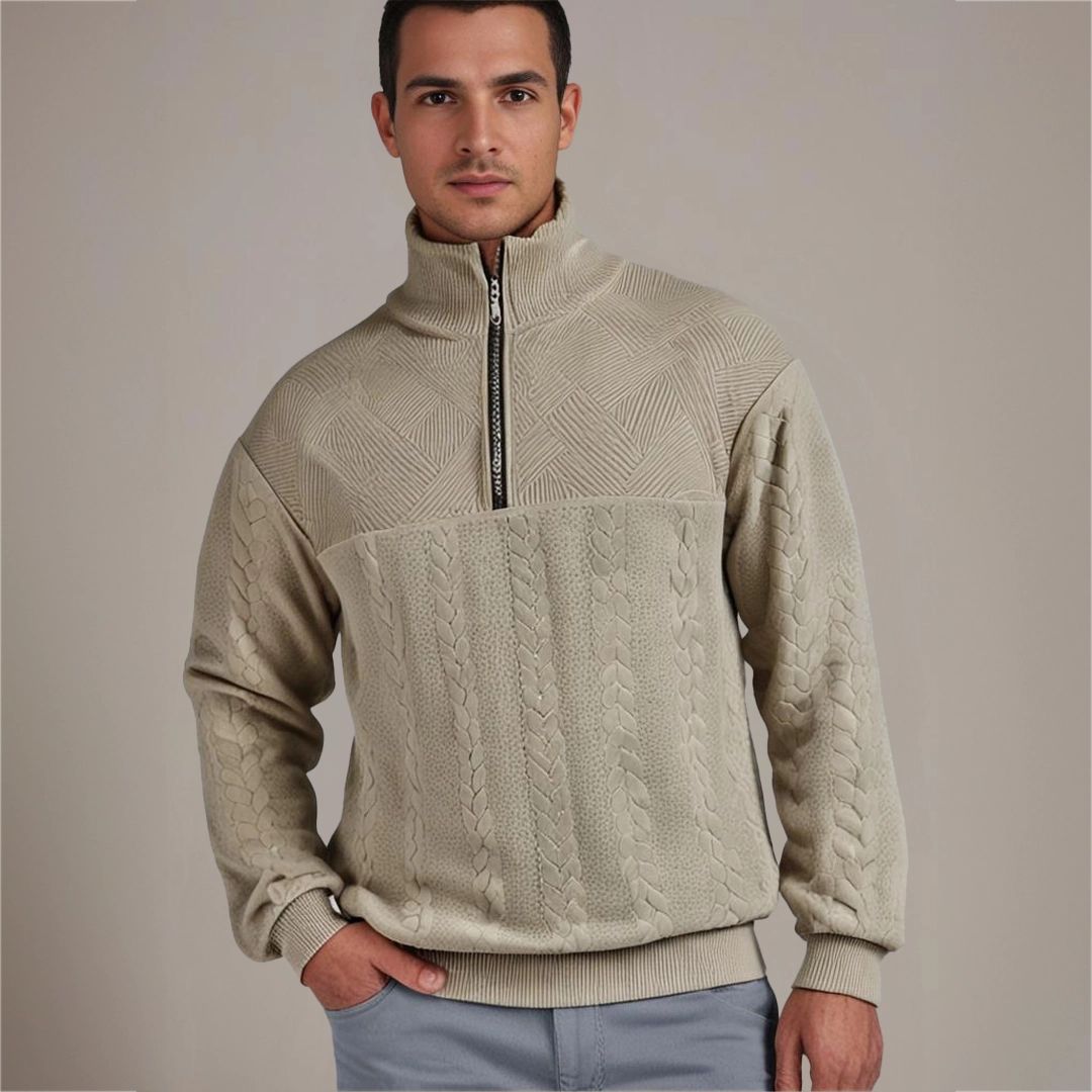 Men's Cable-Stitch Half-Zip Pullover with Textured Yoke – Khaki