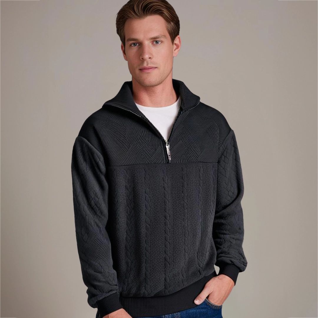 Men's Cable-Stitch Half-Zip Pullover with Textured Yoke – Black
