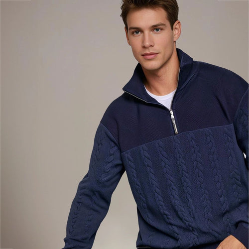 Men's Cable-Stitch Half-Zip Pullover with Textured Yoke – Dark Blue