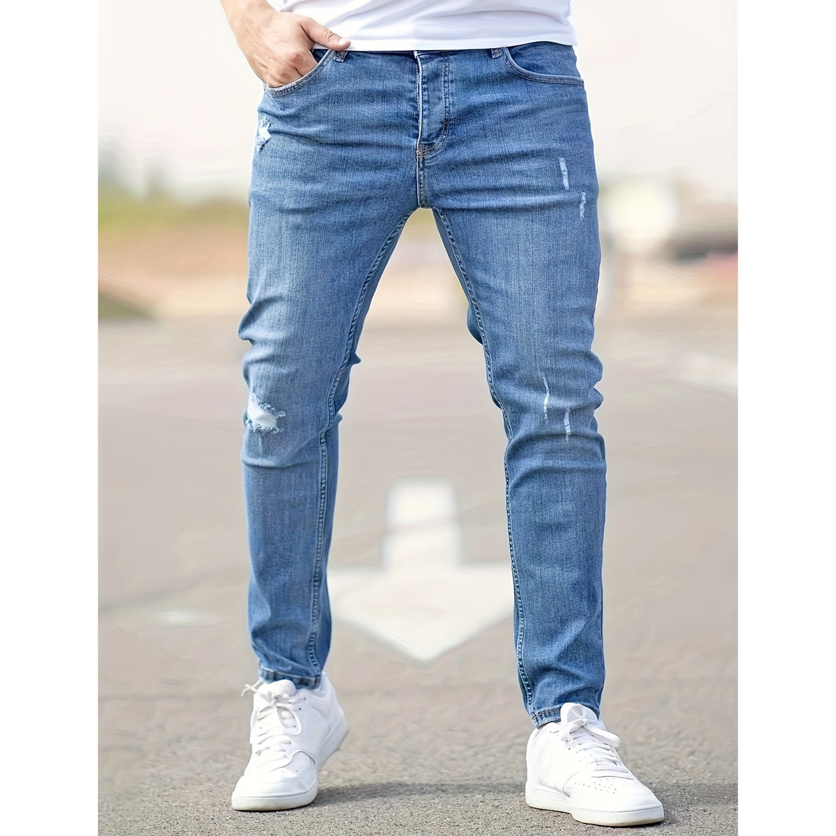Men's Distressed Slim-Cut Fit Stretchy Denim-Wash Jeans – Blue