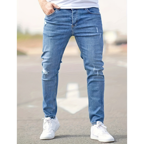 Men's Distressed Slim-Cut Fit Stretchy Denim-Wash Jeans – Blue