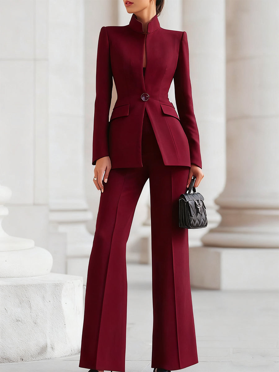 Women's Fitted High-Collar Blazer Suit Set – Bordeaux Red