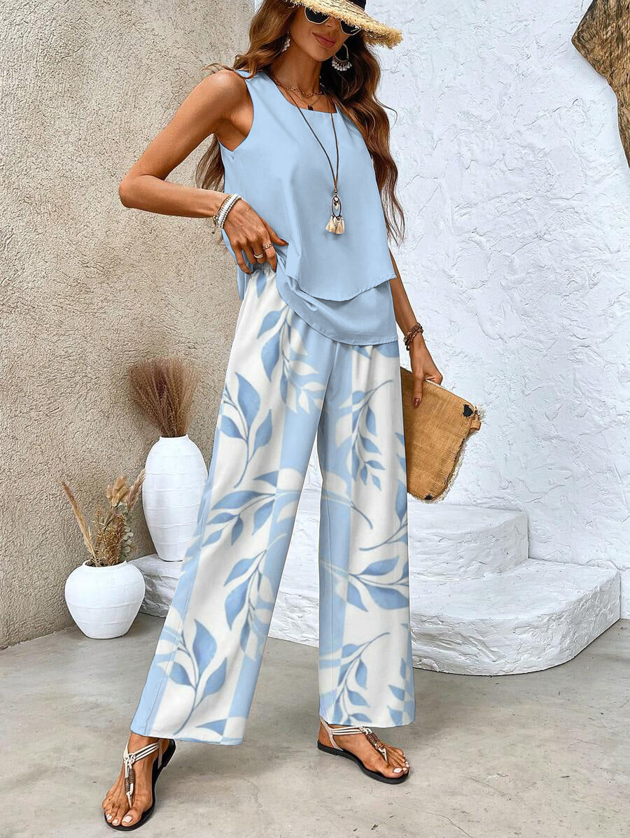 Women's Leaf Print Wide-Cut Two-Piece Set for Fall – view 7