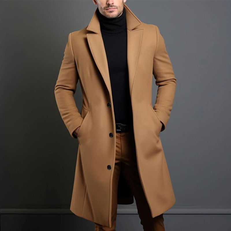 Men's Wool Longline Notched Lapel Overcoat for Layering – Khaki