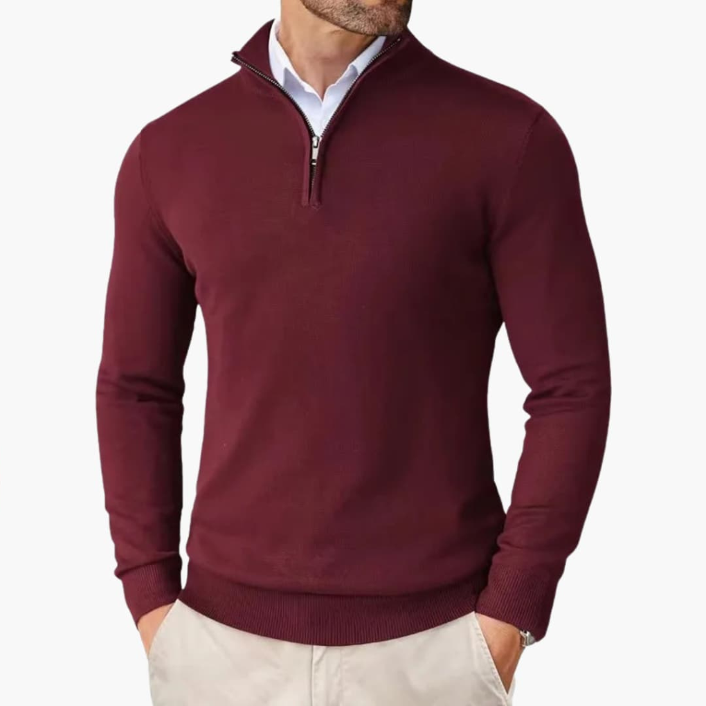 Men's Smooth Knit Quarter-Zip Pullover Top for Layering – Wine Red