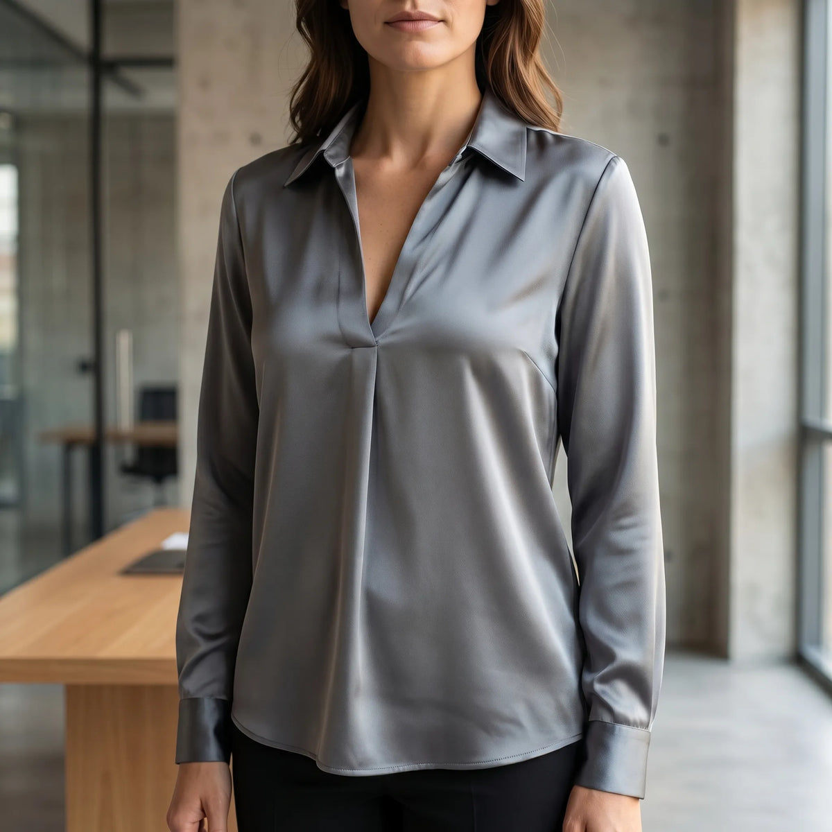 Women's Satin-Finish V Neck Blouse – view 2
