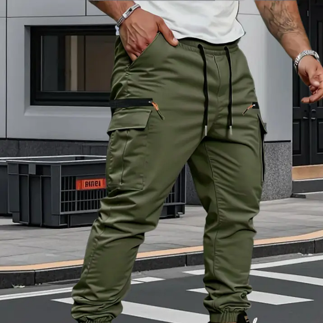 Men's Tie-Waist Slim-Tapered Cargo Pants with Elastic Cuffs – Green