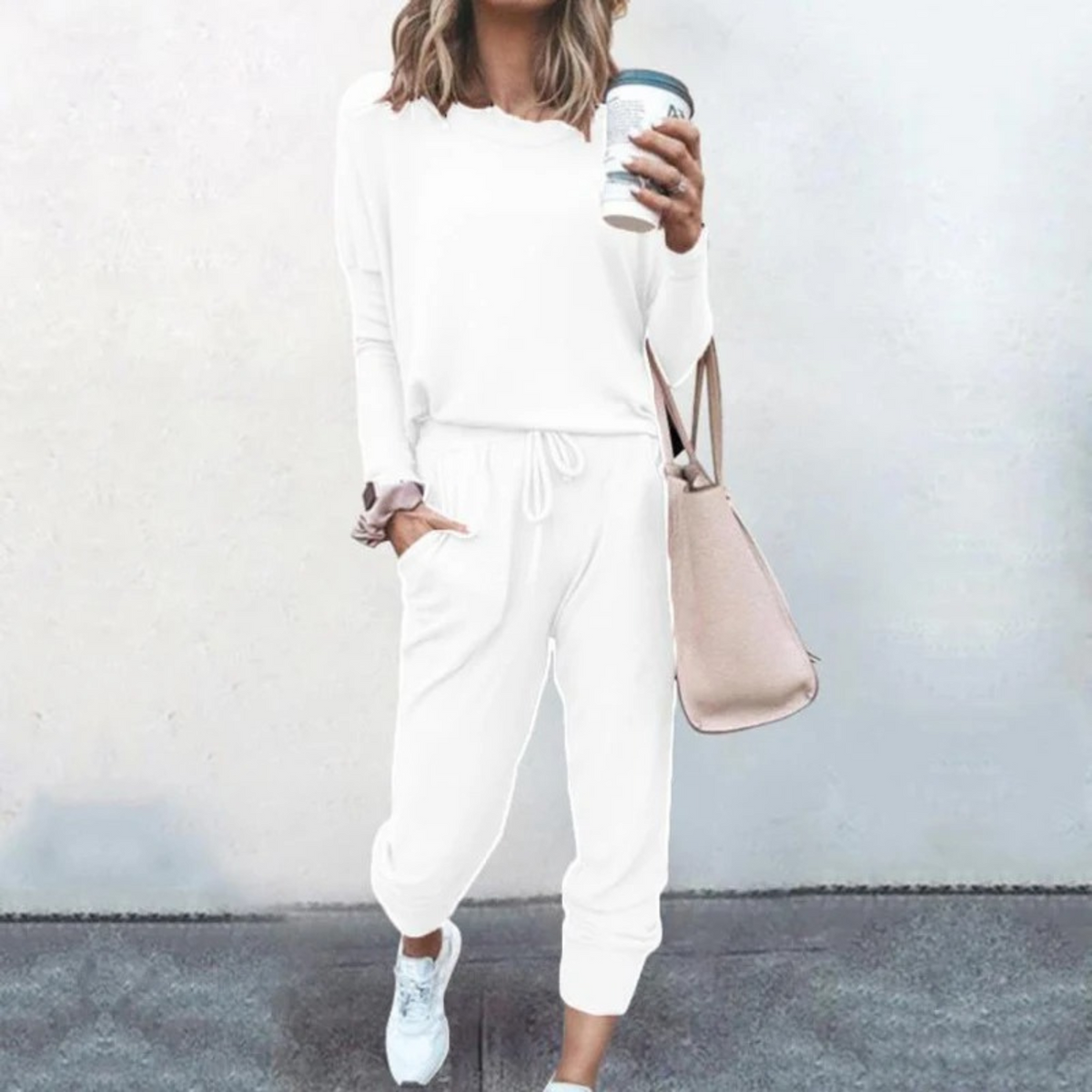 Women's Easy-Fit Long Sleeve Top and Jogger Set – White