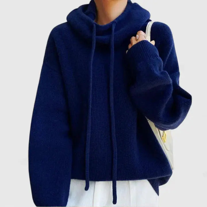 Women's Loose-Fit Rib-Knit Hoodie – Dark Blue