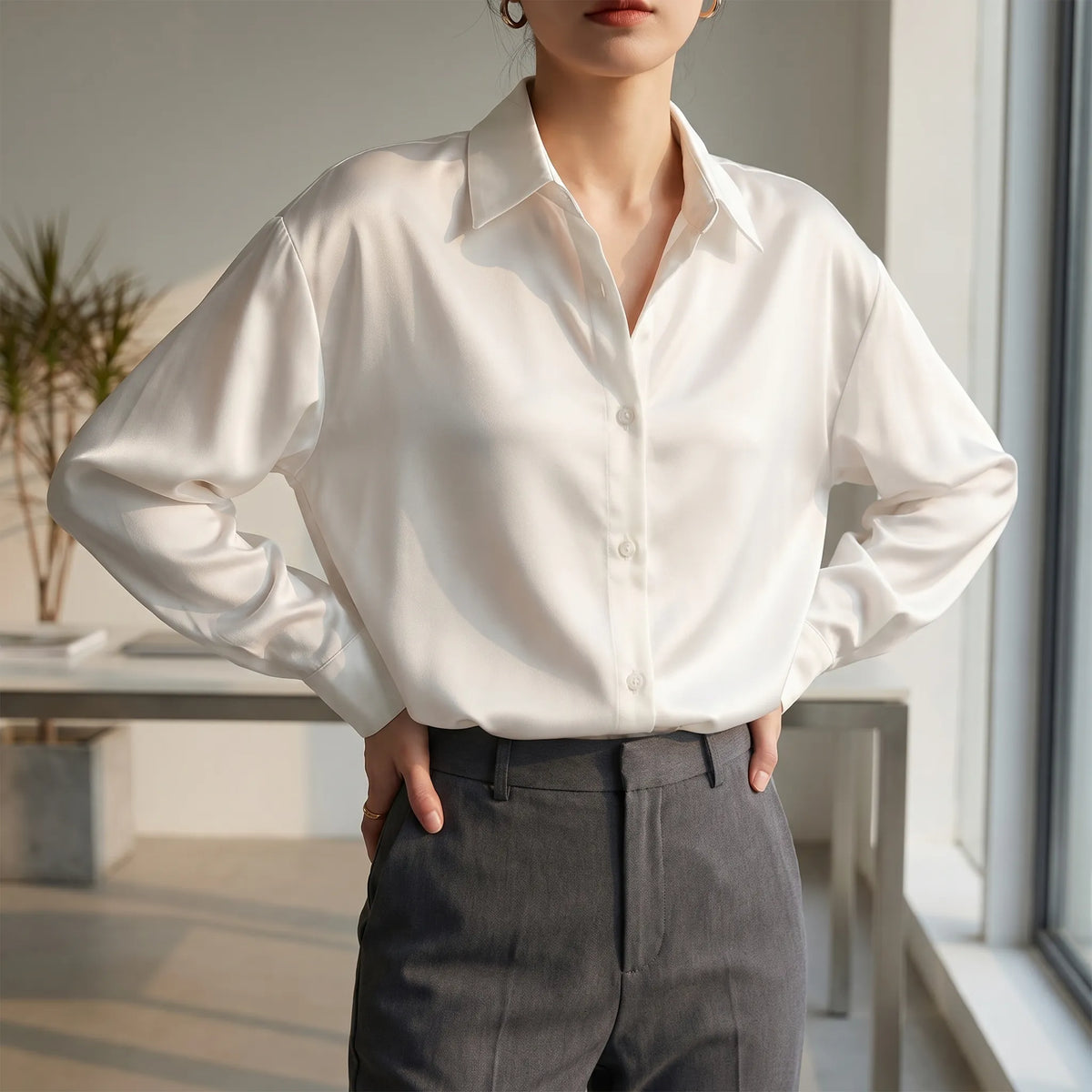 Women's Satin-Finish Button-Front Blouse – view 2