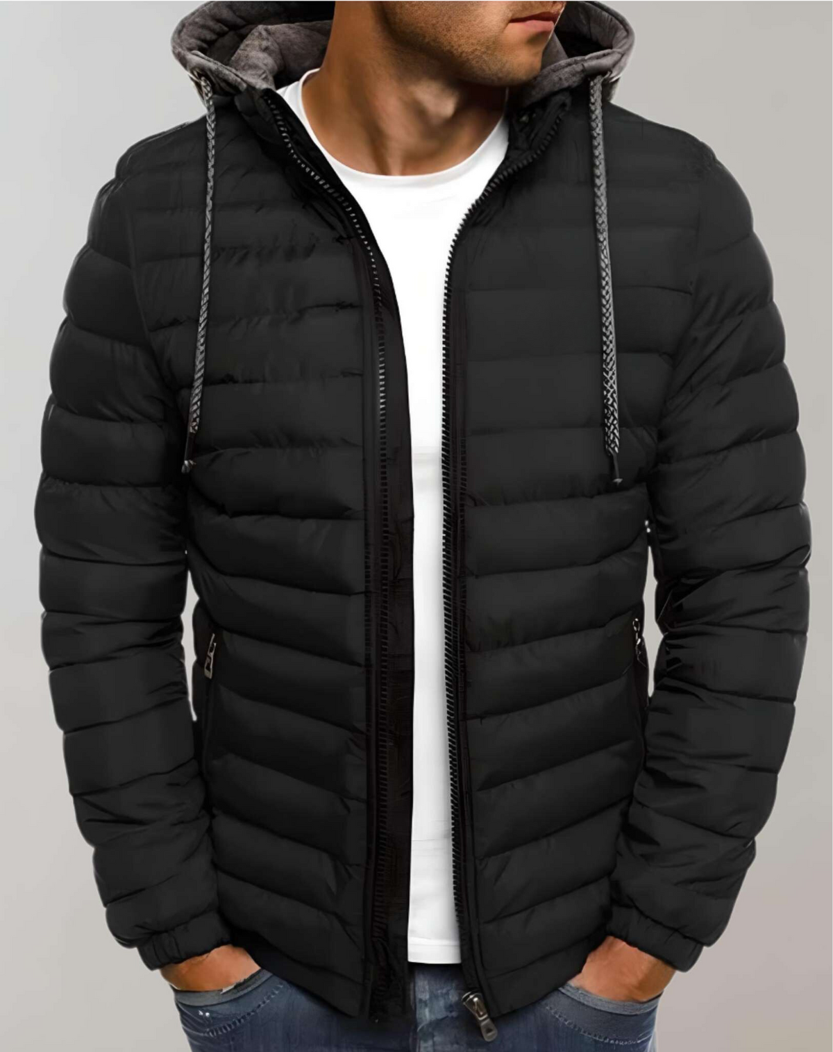 Men's Light-Weight Quilted Jacket with Hood and Elastic Cuffs – Black