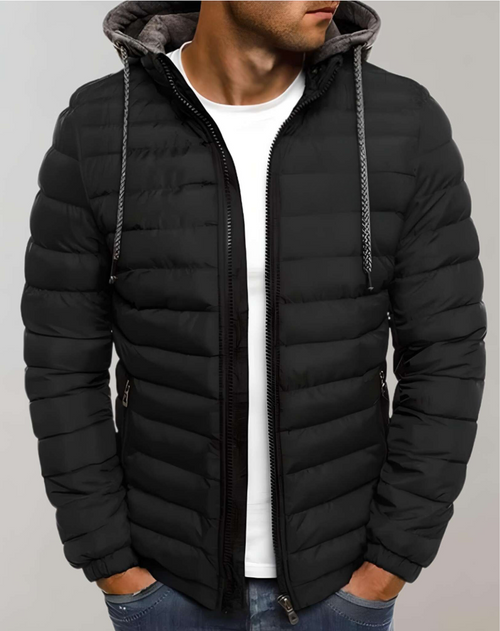 Men's Light-Weight Quilted Jacket with Hood and Elastic Cuffs – Black