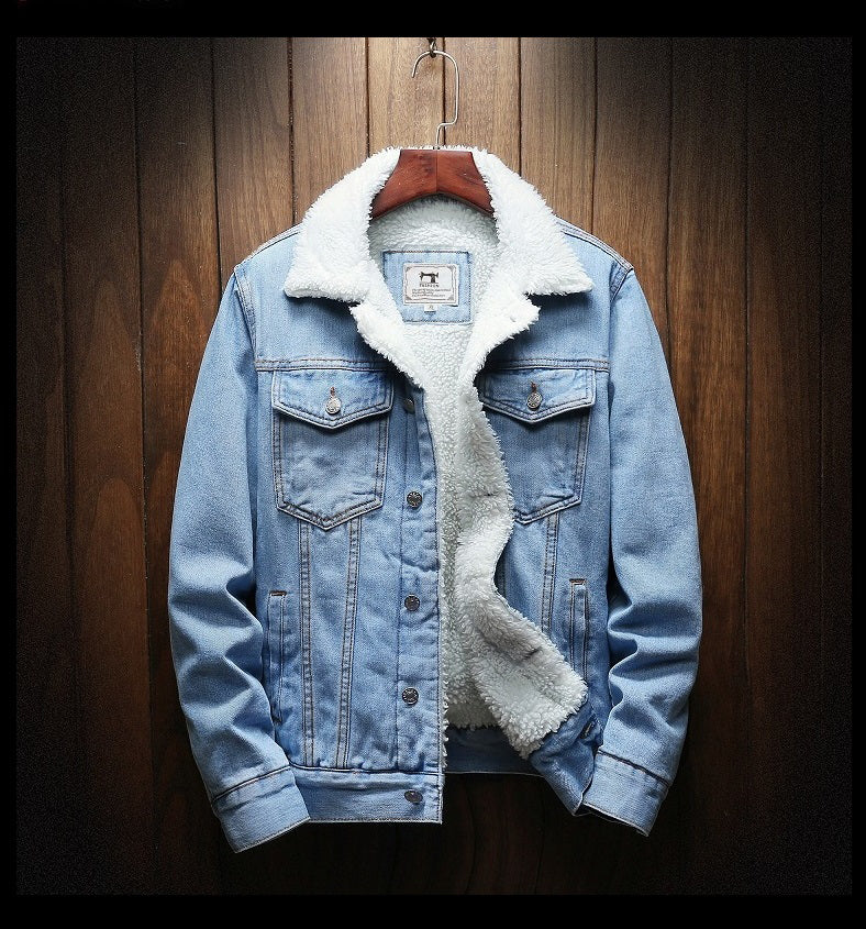Men's Fur-Trimmed Button-Front Denim Jacket – Light Blue