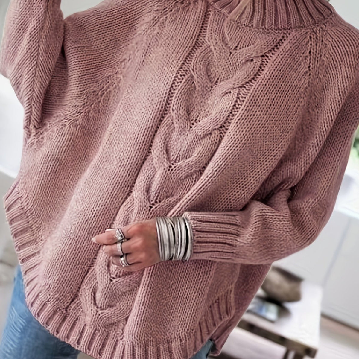 Women's Cable-Stitch High Neck Relaxed-Fit Pullover – Pale Pinkish Gray