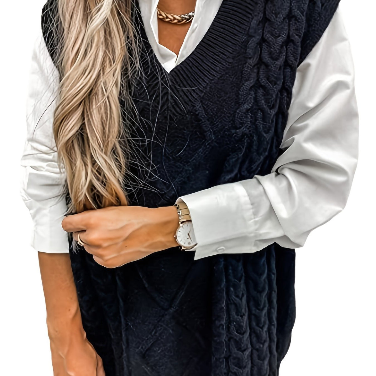 Women's Cable-Stitch V-Neckline Sweater Vest – Black