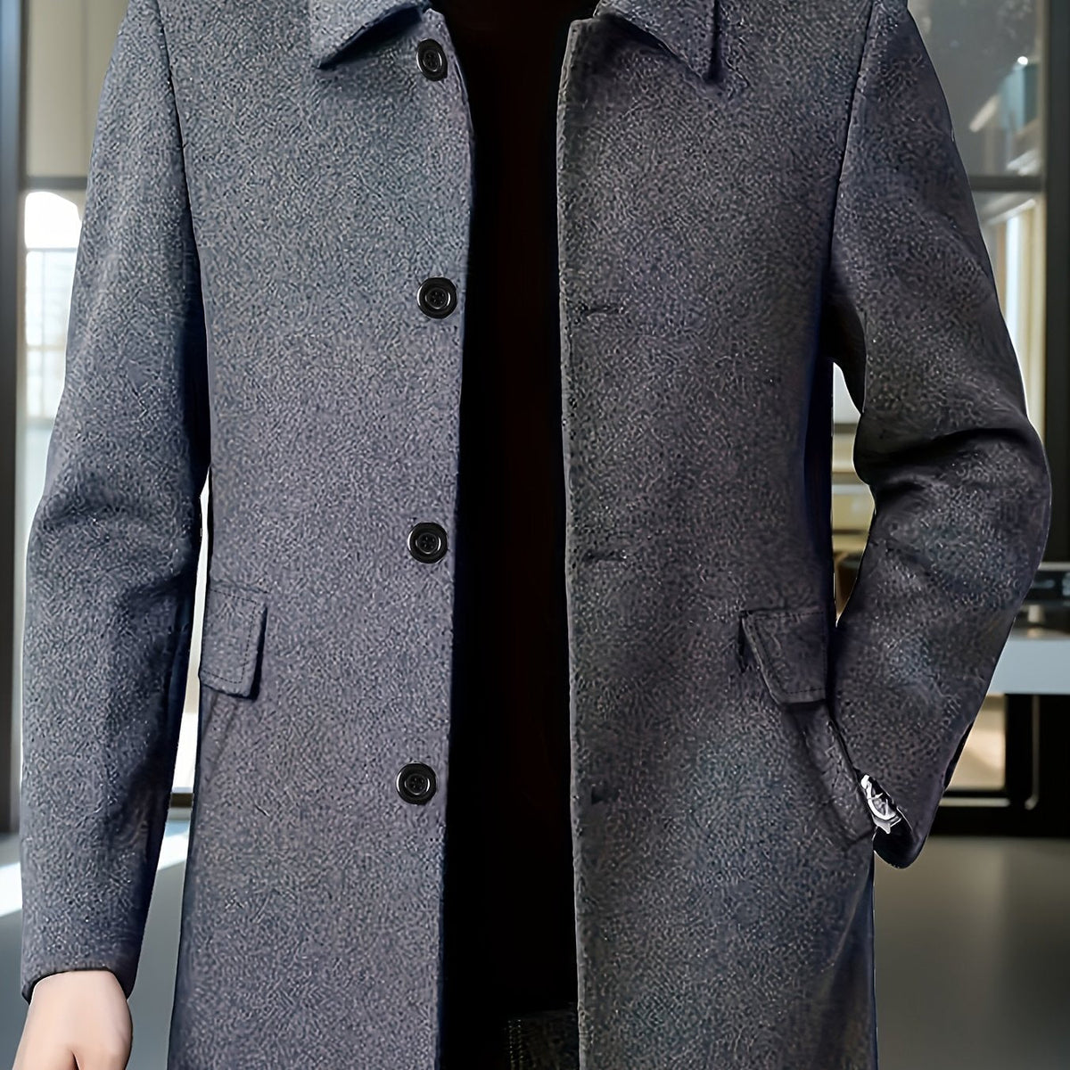 Men's Refined Single-Breast Overcoat with Side Pockets – Dark Gray