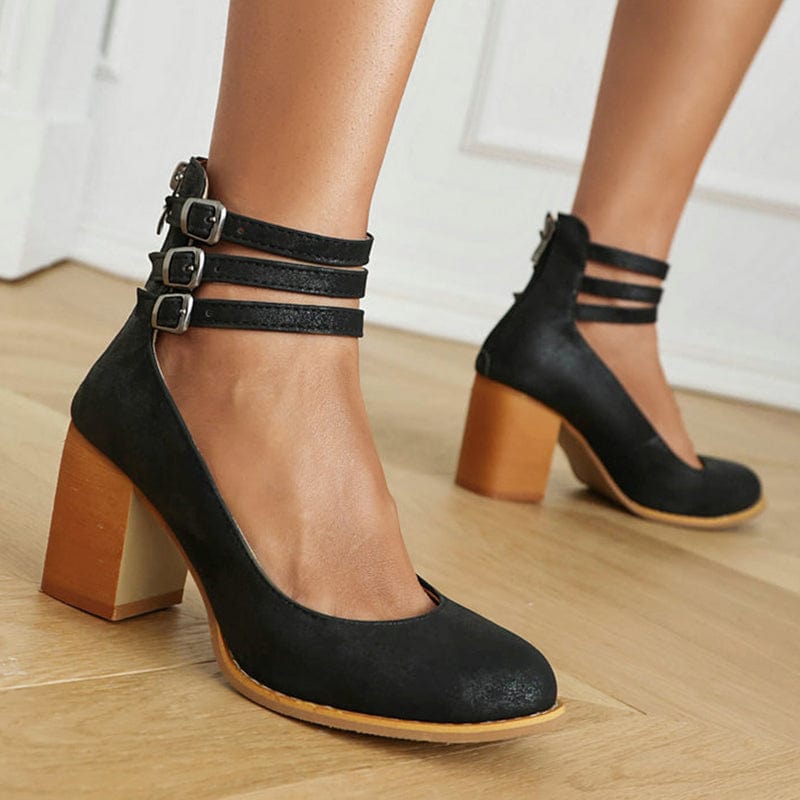 Women's Triple Buckle-Detail Block-Heel Booties – Black
