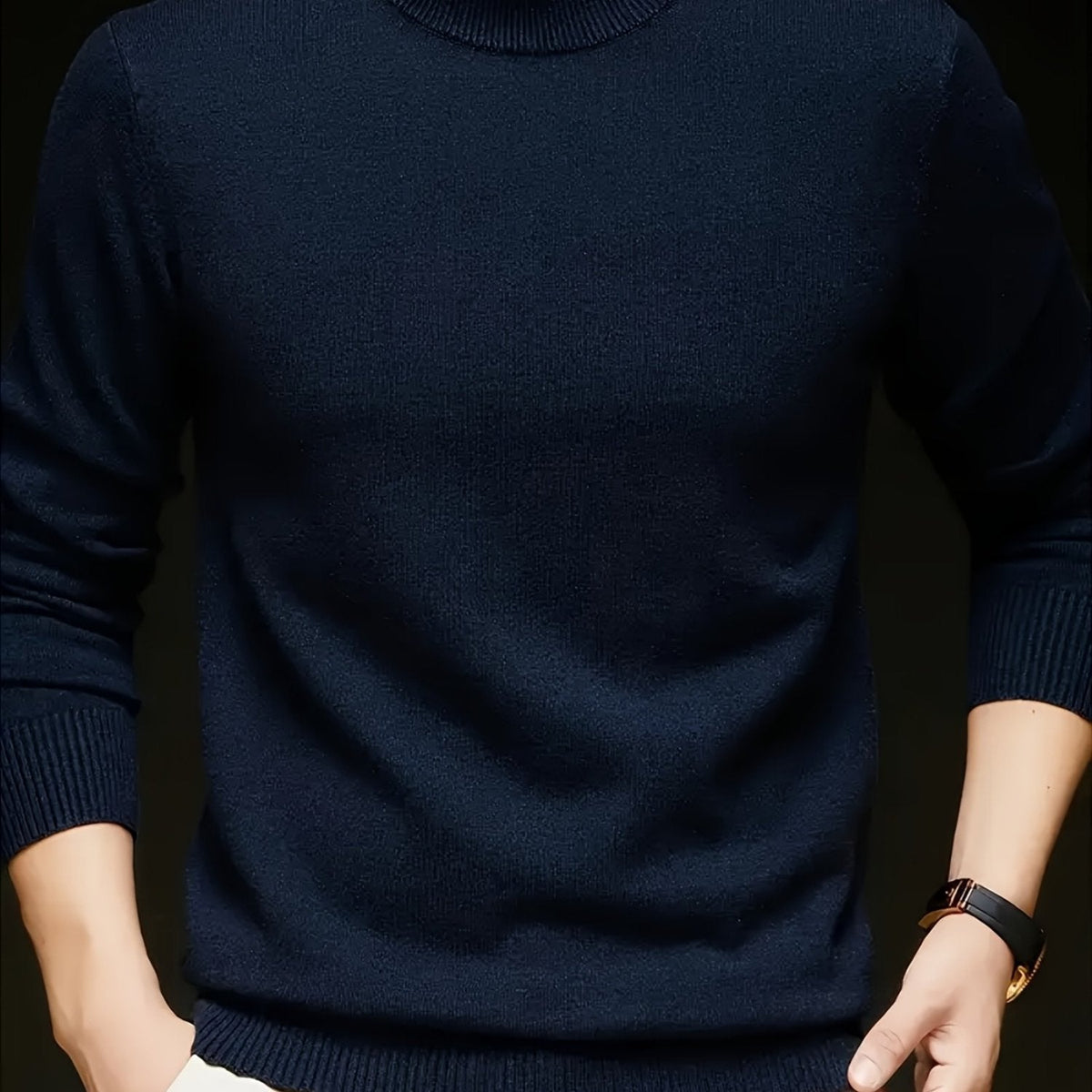 Men's Slim-Cut Rib-Knit Mock-Neck Knit Pullover – Blue Navy