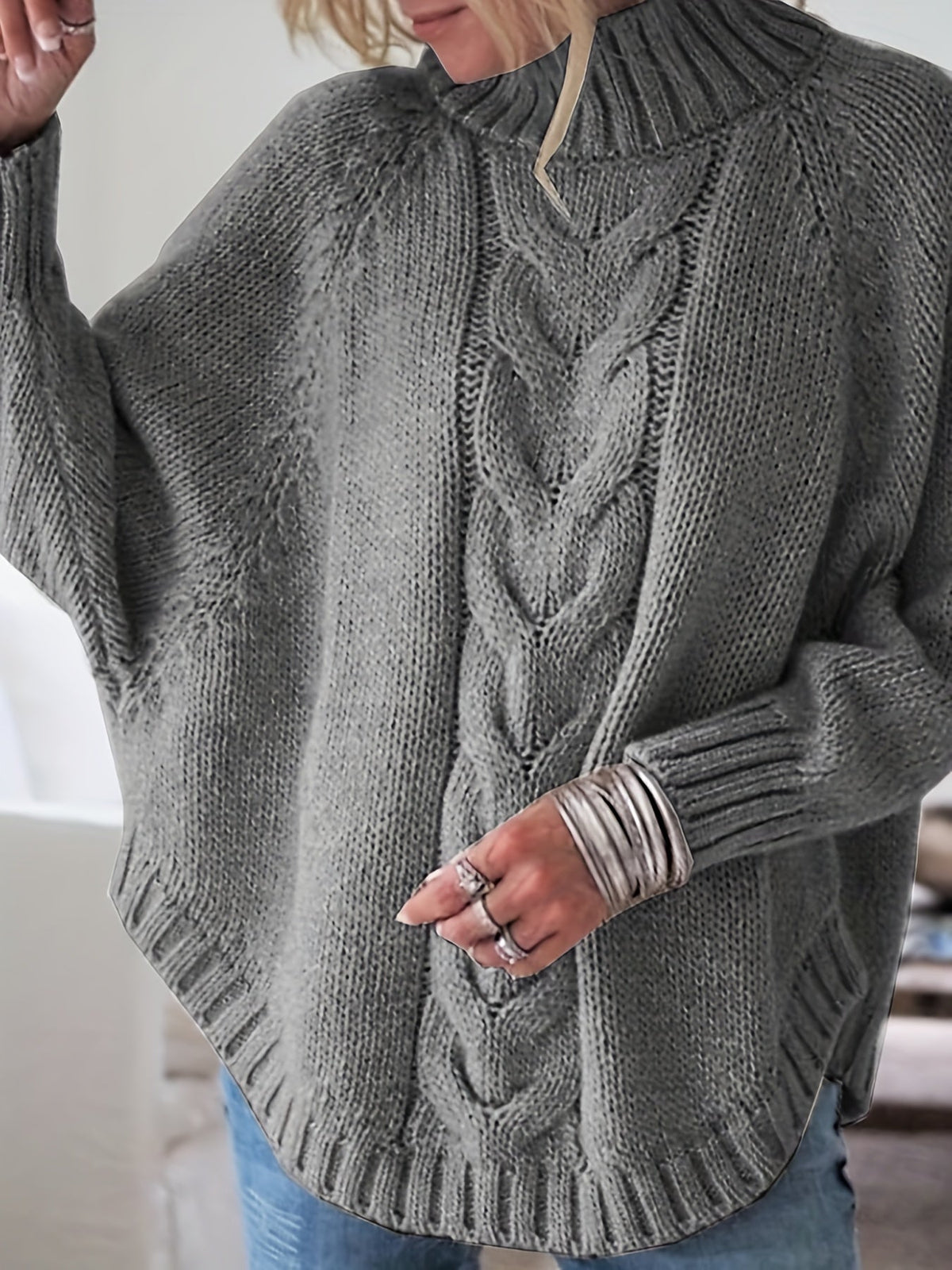 Women's Cable-Stitch High Neck Relaxed-Fit Pullover – view 4