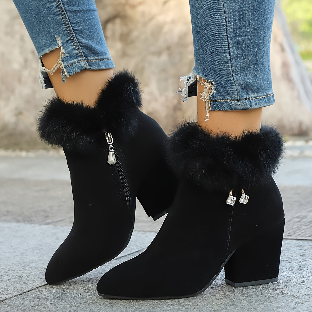 Women's Plush-Trim Pointed-Toe Booties – Black