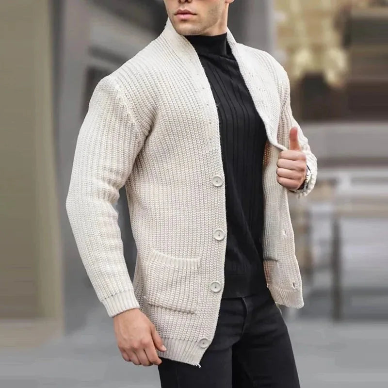 Men's Easy-Fit Open-Neck Knit Cardigan with Pockets – White