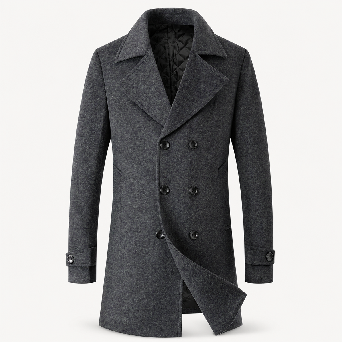 Men's Double-Breast Tweed Overcoat with Wide Lapels – Dark Gray