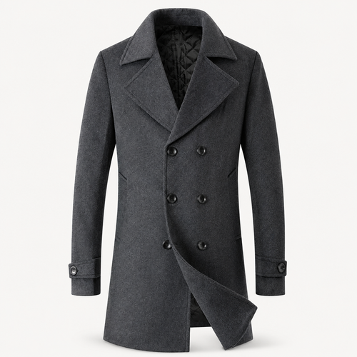 Men's Double-Breast Tweed Overcoat with Wide Lapels – Dark Gray