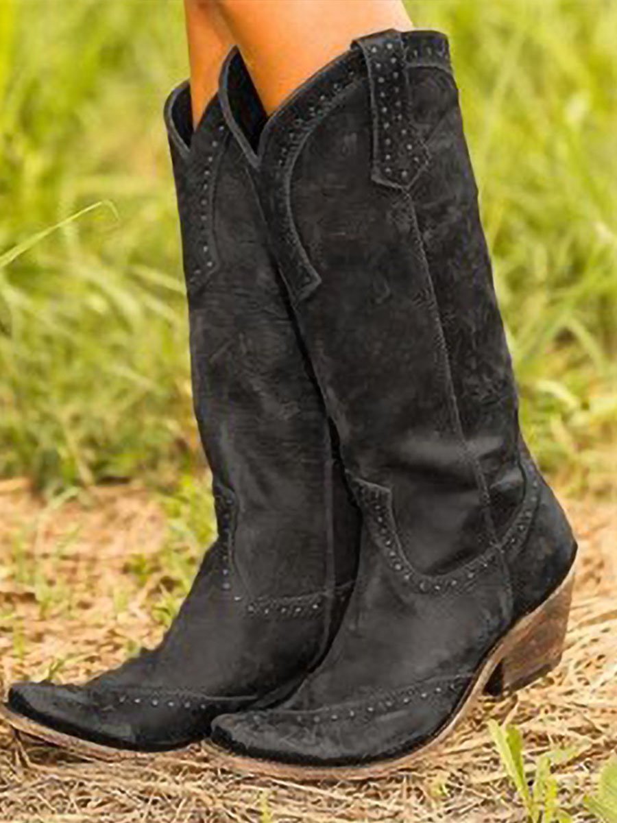 Women's Studded Knee High Western Cowboy Boots for Work – Black