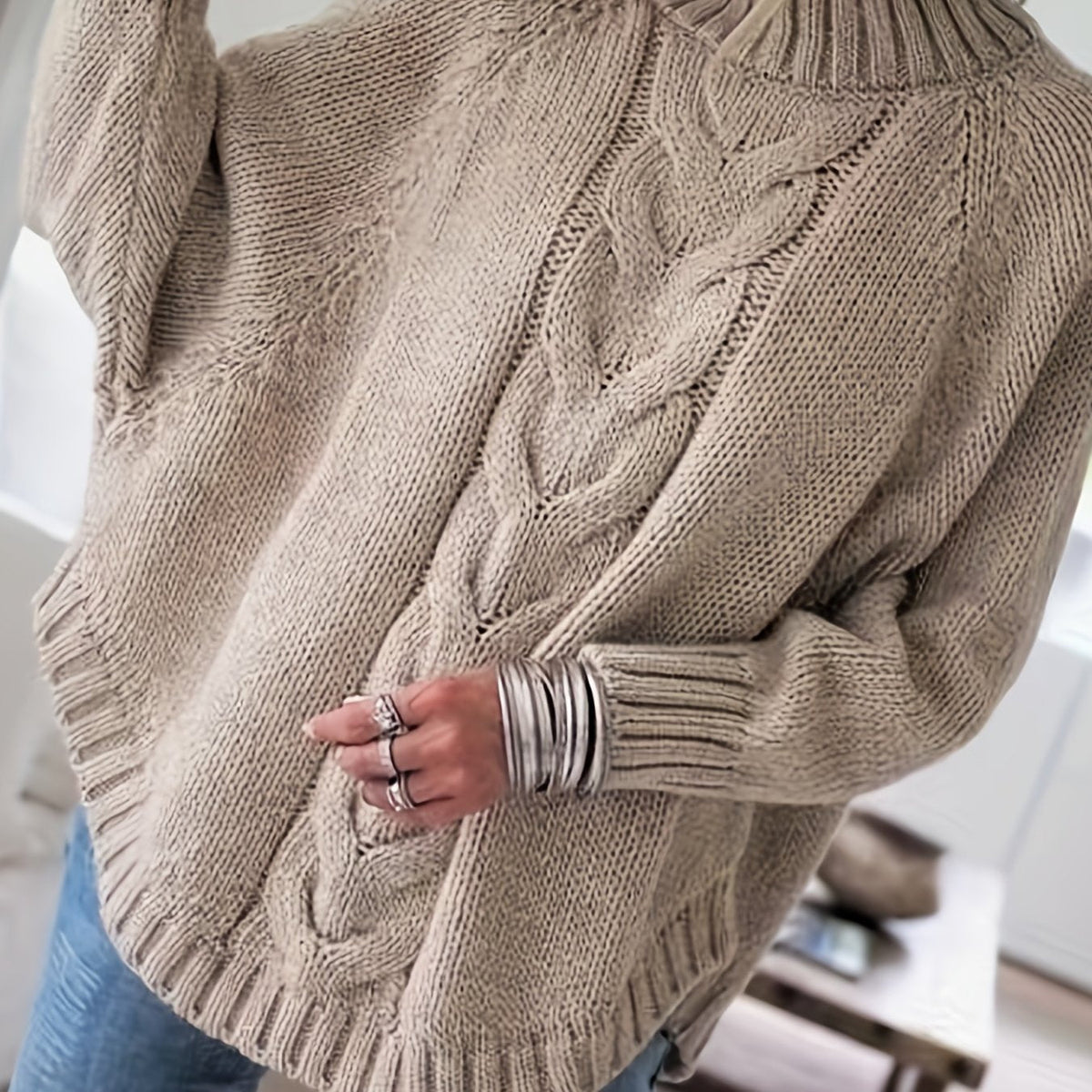 Women's Cable-Stitch High Neck Relaxed-Fit Pullover – Khaki