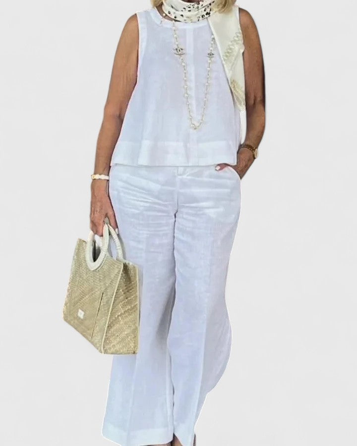 Women's No-Sleeve Relaxed-Fit Two Piece Set – White