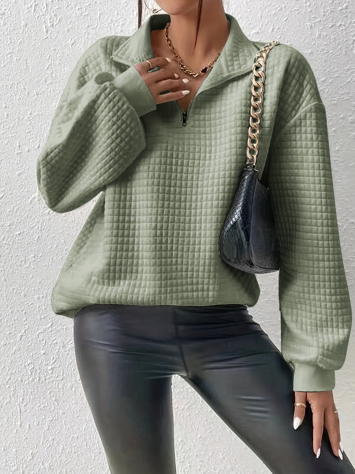 Women's Half-Zip Stand Collar Textured Knit Sweater for Layering – Matcha Color