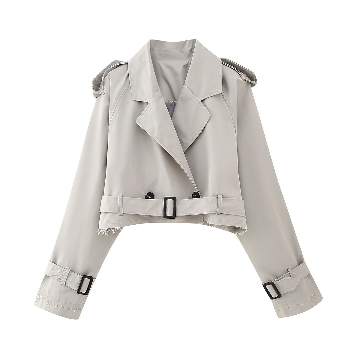 Women's Belt-Detail Crop-Length Trench Jacket – Light Gray