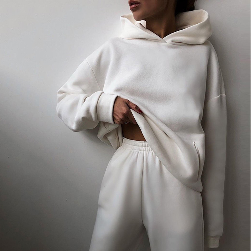 Women's Pullover Hoodie and Slim-Tapered Jogger Two Piece Set – White