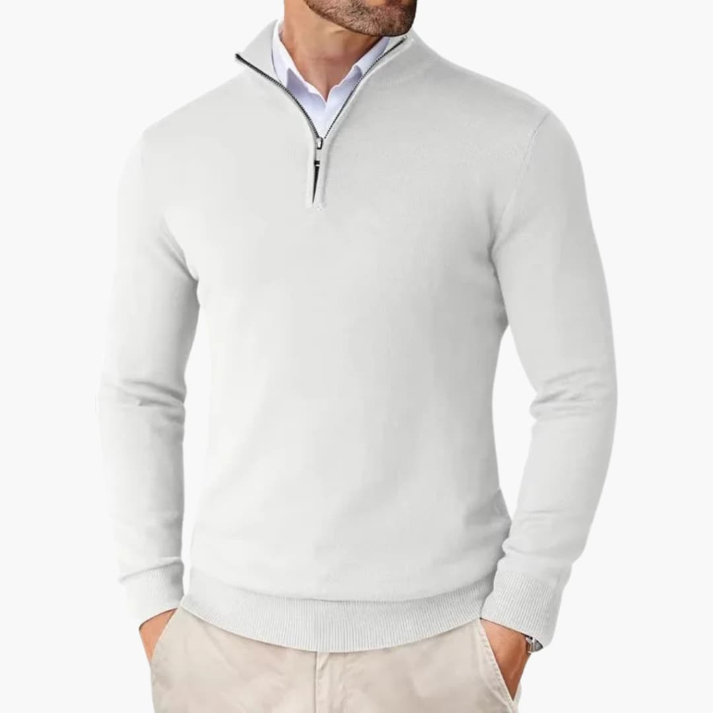 Men's Smooth Knit Quarter-Zip Pullover Top for Layering – White