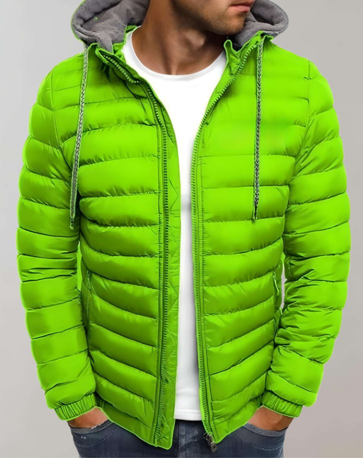 Men's Light-Weight Quilted Jacket with Hood and Elastic Cuffs – Neon Green