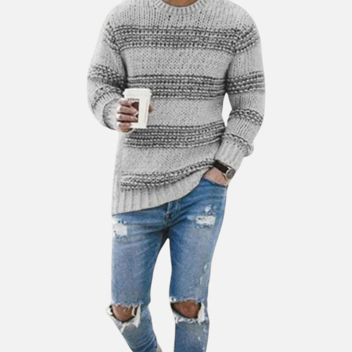 Men's Crewneck Mid-Weight Cold-Weather Knit Pullover – Gray
