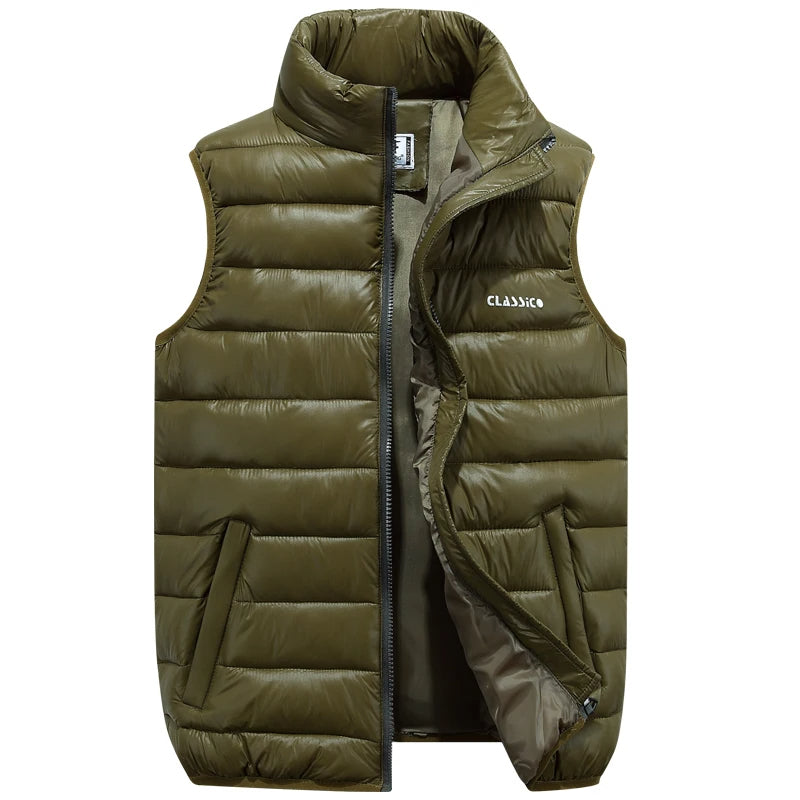 Men's Thermal-Lined No-Sleeve Vest with Full Zip Front – Army Green