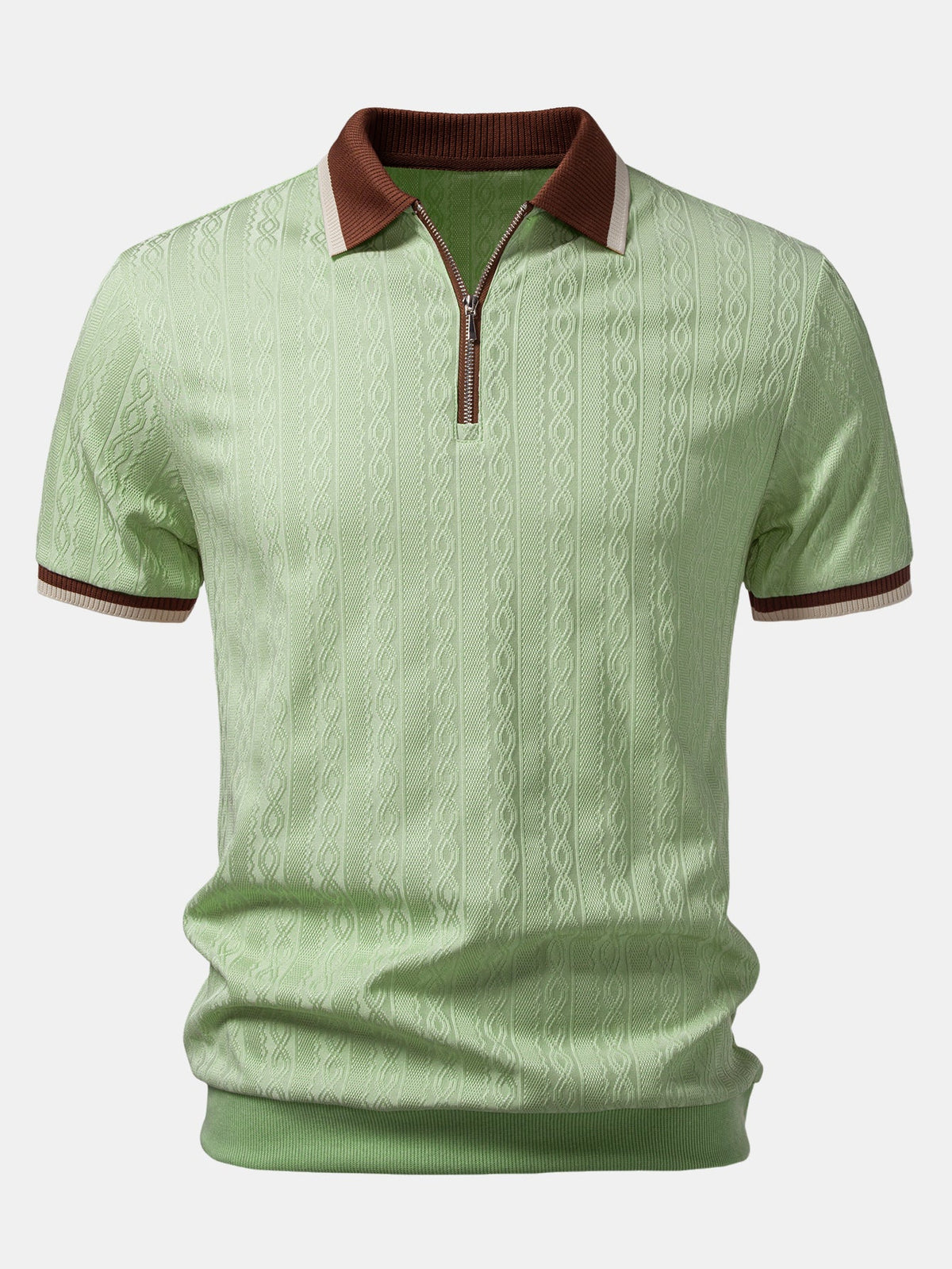 Men's Textured Knit Quarter Zip Polo for Everyday Wear – Light Green