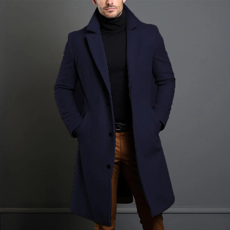 Men's Wool Longline Notched Lapel Overcoat for Layering – Navy Blue