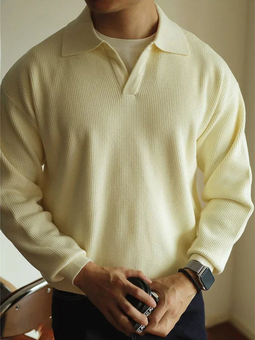 Men's Polo Collar Long-Sleeve Knit Pullover – Beige