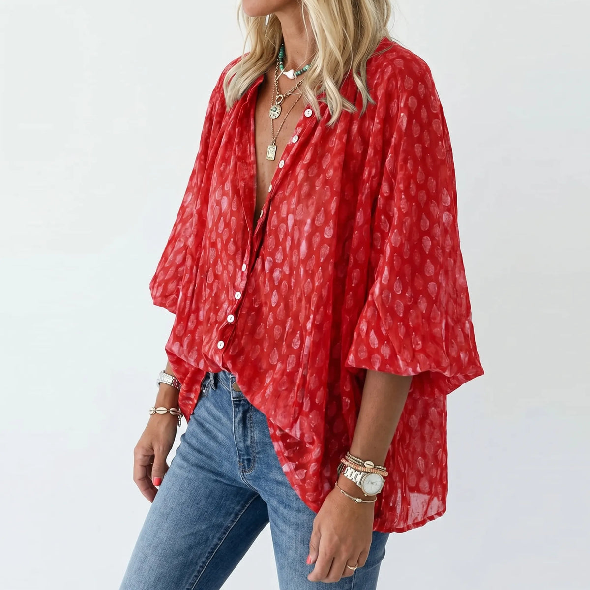 Women's Print-Detail Button-Front Blouse – view 3