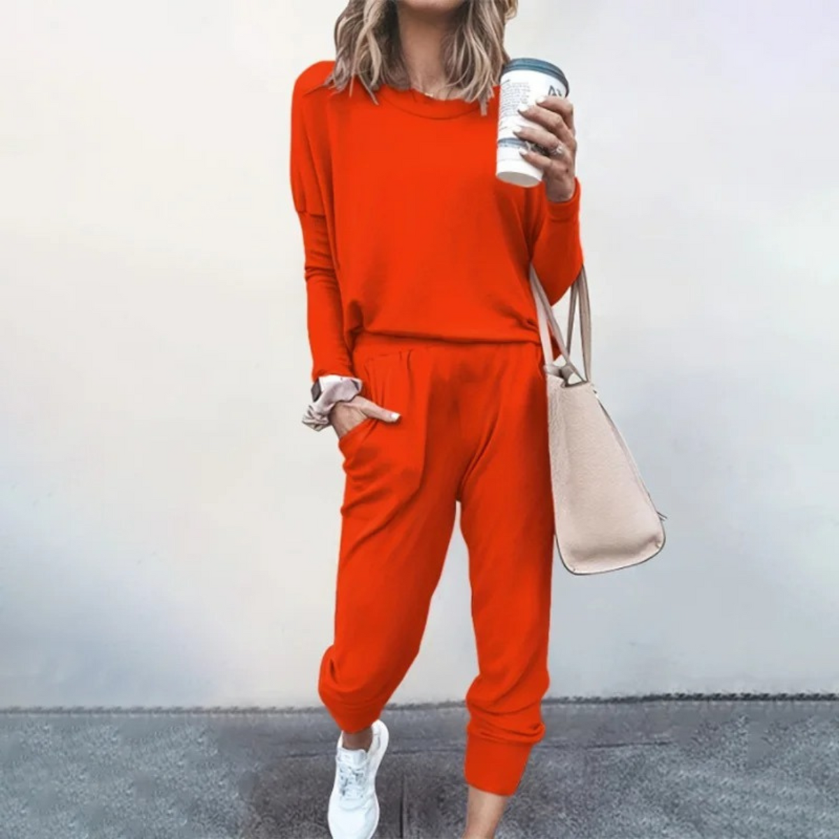 Women's Easy-Fit Long Sleeve Top and Jogger Set – Orange