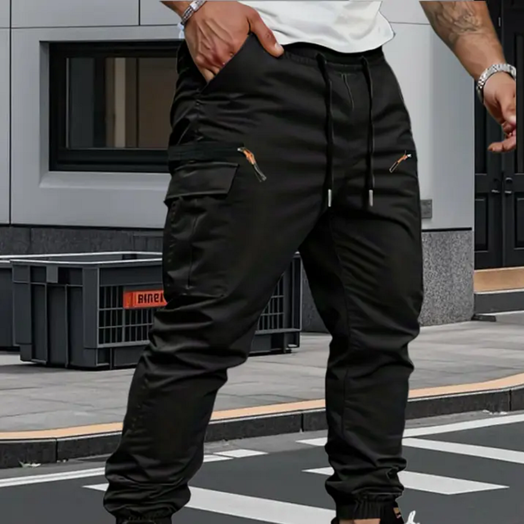 Men's Tie-Waist Slim-Tapered Cargo Pants with Elastic Cuffs – Black